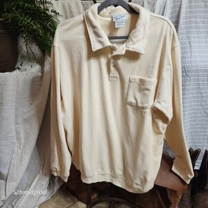 Irvine Park Mens Velour Polo Shirt Long Sleeve Cream Ivory Pocket Vintage XL